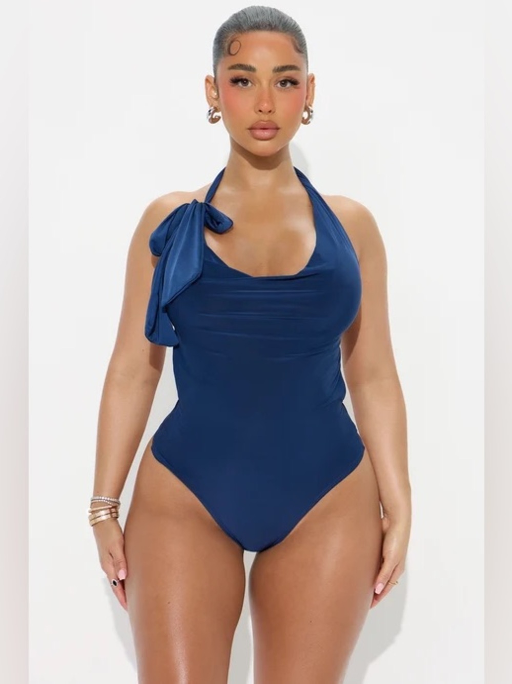 Fashion Nova Summer Blockbuster Cowl Neck Halter Bodysuit - Navy